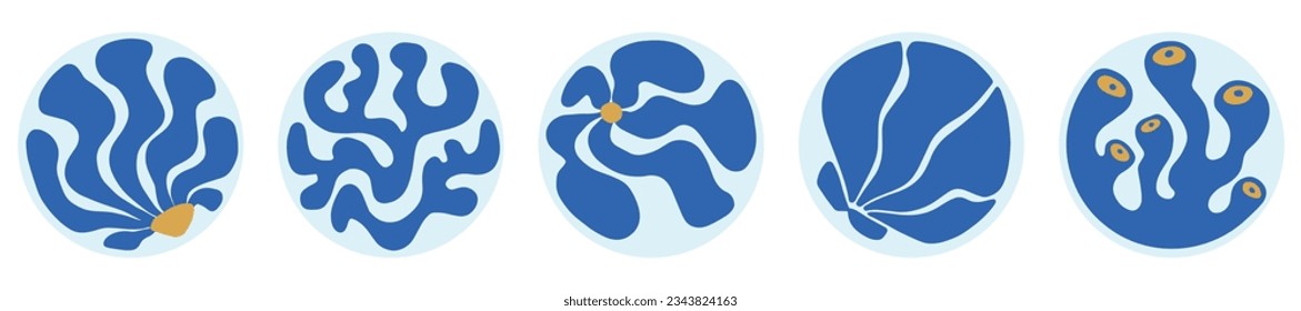 Doodle curve aestethic Sticker in Round Shape. Groovie Abstract Blue Flower, Coral, Seaweed, Seashell in Naive Retro Style. Hippie Backgrounds for T-Shirts, Wallpaper, Case Phone. Vector illustration