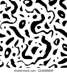 Doodle curved brush strokes with splotches seamless pattern. Hand drawn vector organic ornament. Simple geometric texture with freehand brush strokes. Messy and scattered black ink dry lines.