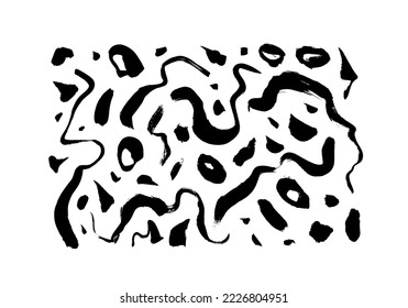 Trazos de pincel curvo de Doodle con esquirlas aisladas sobre fondo blanco. Elementos orgánicos vectoriales dibujados a mano. Sencillos trazos geométricos de brocha de mano libre. Líneas secas de tinta negra desordenadas y dispersas.