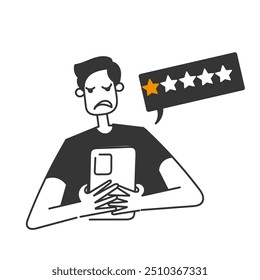 cliente doodle dando má classificação 1 estrela no estilo desenhado à mão