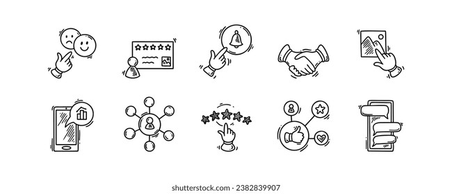 Doodle Kundenübersicht und Zeugensymbole. Positives und negatives Erfahrungsfeedback. Fünf Sterne Bewertung. Benachrichtigungen über Folgen Sie sozialen Medien. Abonnieren Sie den Newsletter