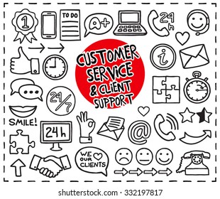 Doodle Customer Service icons set. Hand drawn graphic icon elements: 24 hours phone support, thumb up, shaking hands, ok sign, clock, speech bubbles, puzzle pieces, smile. Doodle vector illustration.