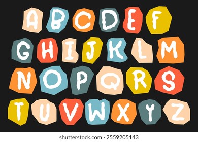 Doodle cut out alphabet. Colorful paper pieces with letters. Craft abc 