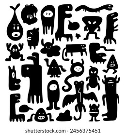 doodle cute abstract monster silhouette illustration vector collection