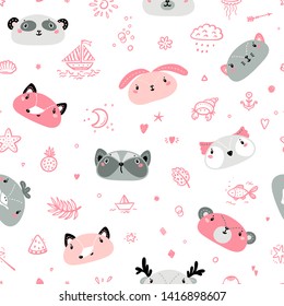 Doodle Cute Animal and Bird Faces with Summer Symbols Seamless Pattern. Cartoon Scandinavian Style Animal Heads. Vector Background for Kids Fashion Design