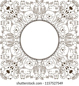 Doodle cute animals hand drawn style round vector frame. Brown and white decorative border.