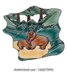 doodle cute bear animal with his son in the landscape