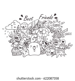 doodle the cute bear with friends hand drawn vector illustration for kid t-shirt print, greeting and invitation card