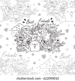 doodle the cute bear with friends hand drawn vector illustration for kid t-shirt print, greeting and invitation card