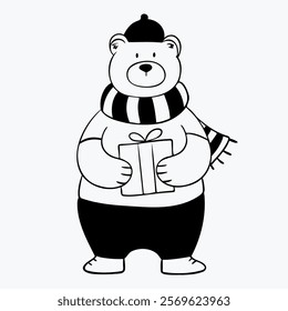 Doodle: cute bear with a gift in a hat and scarf for a card, logo, packaging, branding, print, printing on clothes