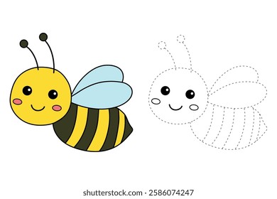 Doodle Cute Bee flying clipart vector. Cute Bee flying coloring pages for kids. Trace and color animal outline of cute Bee flying tracing worksheet kindergarten and preschool activity. Honey bee fly. 