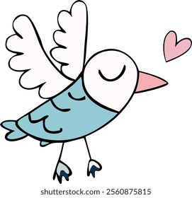 Doodle cute bird with a heart vector illustration,  lovely bird design, cute valentine bird flying cartoon character, transparent illustration 