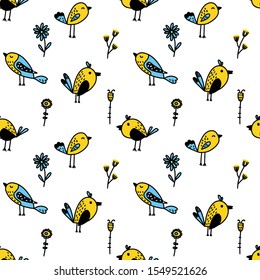 Doodle cute birds. Seamless pattern. Bright colors. Vector illustration for fabric, wrapping paper. On white background. Birds with flowers.