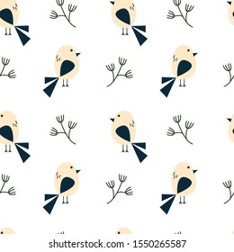 Doodle cute birds. Seamless pattern. Pastel colors. Vector illustration for fabric, wrapping paper. On white background. Birds with flowers.