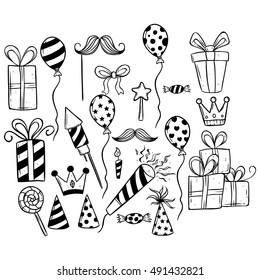 doodle cute birthday party set on white background
