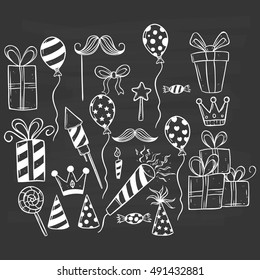 Doodle Cute Birthday Party Set On Chalkboard Background