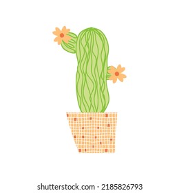 Doodle cute blooming cactus in a checkered pot. Perfect print for tee, stickers, poster. Hand drawn isolated vector illustration for decor and design.


