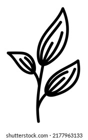 Doodle cute branch with leaves decorative element. Botanical vector illustration design, isolated hand drawn black flat element.