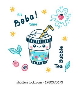 Doodle Cute Bubble Tea. Plastic Takeaway Cup kawaii character. Summer Pearl Milk Beverage and Fruits, Leaves, splash of milk. Boba tea Drink with Tapioca. Vector Menu Poster