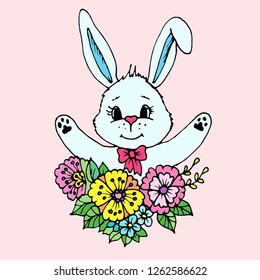 Doodle cute Bunny in the flowers painted on a pink background