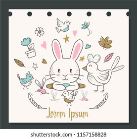doodle cute bunny and friends illustration vector