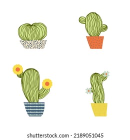 Doodle cute cactuses in a pots collection. Perfect for tee, stickers, print, poster. Hand drawn isolated vector illustration for decor and design.



