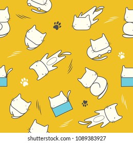 Doodle cute cartoon lazy cat pattern seamless  on yellow background vector illustration