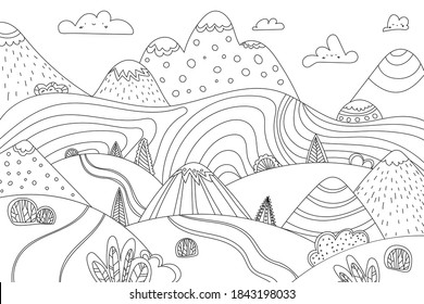 Doodle cute cartoon meadowland, hills, mountains, clouds and road. Kids funny coloring page of landscape isolated on white background. Vector stock illustration. Line design.