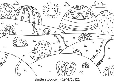 Doodle cute cartoon meadowland, hills, mountains, clouds, sun and road. Kids funny coloring page of landscape isolated on white background. Vector stock illustration. Line design.