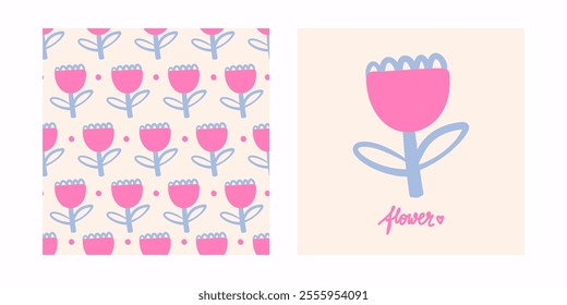 Doodle cute cartoon spring flowers. Awesome vector print and seamless pattern with cute abstract flower 