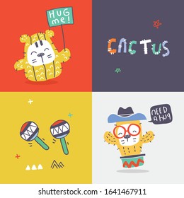doodle cute cat and cactus cartoon illustration, set vector