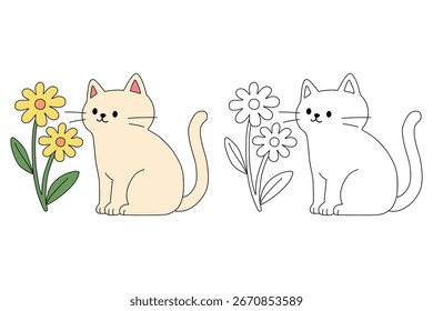 Doodle süße Katze mit Blume einzeln auf weißem Hintergrund, Vektor. Cat Malvorlage für Kindergarten und Kindergarten Arbeitsblätter für Kinder druckbar. Spur und Farbe Kat. Nettes Kätzchen mit Blume.