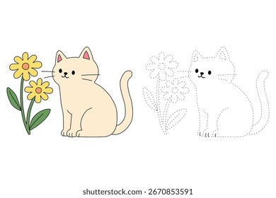 Doodle gato bonito com flor isolada no vetor de fundo branco. Página de coloração de gato para jardim de infância e planilhas pré-escolares para crianças imprimíveis. Trace and color Cat. Gatinho bonito com flor.