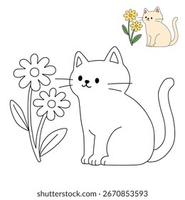 Doodle lindo gato con la flor aislada en el Vector de fondo blanco. Página para colorear de gato para hojas de trabajo de jardín de infantes y preescolar para niños imprimibles. Trazo y color Gato. Gatito lindo con la flor.