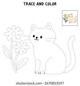 Doodle lindo gato con la flor aislada en el Vector de fondo blanco. Página para colorear de gato para hojas de trabajo de jardín de infantes y preescolar para niños imprimibles. Trazo y color Gato. Gatito lindo con la flor.