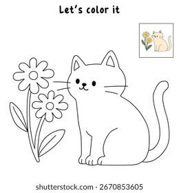 Doodle cute cat with flower isolated on white background vector. Cat coloring page for kindergarten and preschool worksheets for kids printable. Trace and color Cat. Cute kitten with flower.