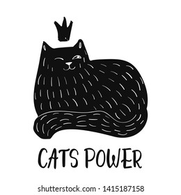 Doodle Cute Cat Greeting Card Design Template. Hand Drawn Animal Personage T-shirt Design. Funny Cat Emotions.