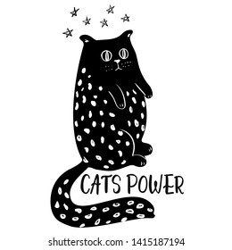 Doodle Cute Cat Greeting Card Design Template. Hand Drawn Animal Personage T-shirt Design. Funny Cat Emotions.