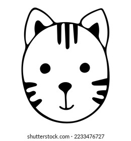 Doodle of cute cat head isolated on white background. Hand drawn vector illustration of cartoon pet. Good for childish design and coloring page book.