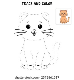 Doodle cute cat isolated on white background vector. Cat coloring page for kindergarten and preschool worksheets for kids printable. Trace and color Cat. Cute kitten.