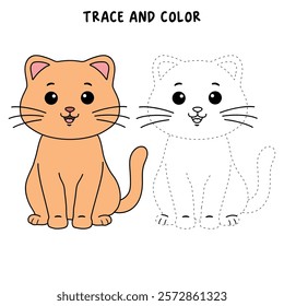 Doodle cute cat isolated on white background vector. Cat coloring page for kindergarten and preschool worksheets for kids printable. Trace and color Cat. Cute kitten.