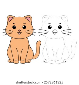 Doodle cute cat isolated on white background vector. Cat coloring page for kindergarten and preschool worksheets for kids printable. Trace and color Cat. Cute kitten.