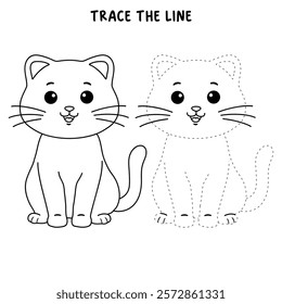 Doodle cute cat isolated on white background vector. Cat coloring page for kindergarten and preschool worksheets for kids printable. Trace and color Cat. Cute kitten.