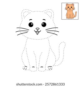 Doodle cute cat isolated on white background vector. Cat coloring page for kindergarten and preschool worksheets for kids printable. Trace and color Cat. Cute kitten.