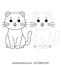 Doodle cute cat isolated on white background vector. Cat coloring page for kindergarten and preschool worksheets for kids printable. Trace and color Cat. Cute kitten.