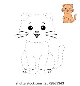 Doodle cute cat isolated on white background vector. Cat coloring page for kindergarten and preschool worksheets for kids printable. Trace and color Cat. Cute kitten.