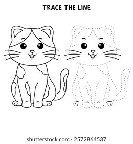 Doodle cute cat isolated on white background vector. Cat coloring page for kindergarten and preschool worksheets for kids printable. Trace and color Cat. Cute kitten.