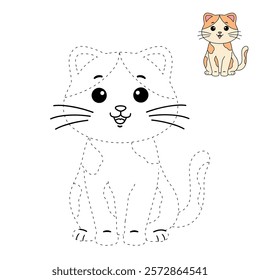 Doodle cute cat isolated on white background vector. Cat coloring page for kindergarten and preschool worksheets for kids printable. Trace and color Cat. Cute kitten.