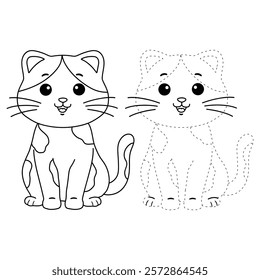 Doodle cute cat isolated on white background vector. Cat coloring page for kindergarten and preschool worksheets for kids printable. Trace and color Cat. Cute kitten.