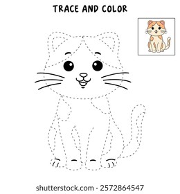 Doodle cute cat isolated on white background vector. Cat coloring page for kindergarten and preschool worksheets for kids printable. Trace and color Cat. Cute kitten.